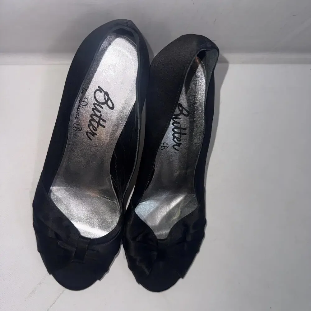 Butter For Diane B Satin Peep Toe Italian Black Minimalist Pumps‎ Heels Size 9